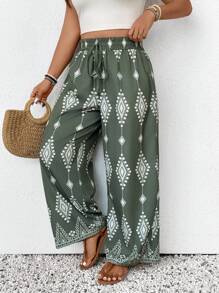 SHEIN Frenchy Plus Size Women Casual Bohemian Style Pants, For Summer Vacation