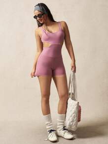 VARSIVA Mono de mujer de unicolor con recorte en la cintura para uso diario, fitness y deportes - Rosa - Ver 2