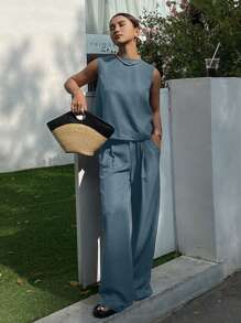 DAZY Sommer neue lose Vintage-Stil 2 Stücke Set für Frauen - Babyblau - Übersicht 2