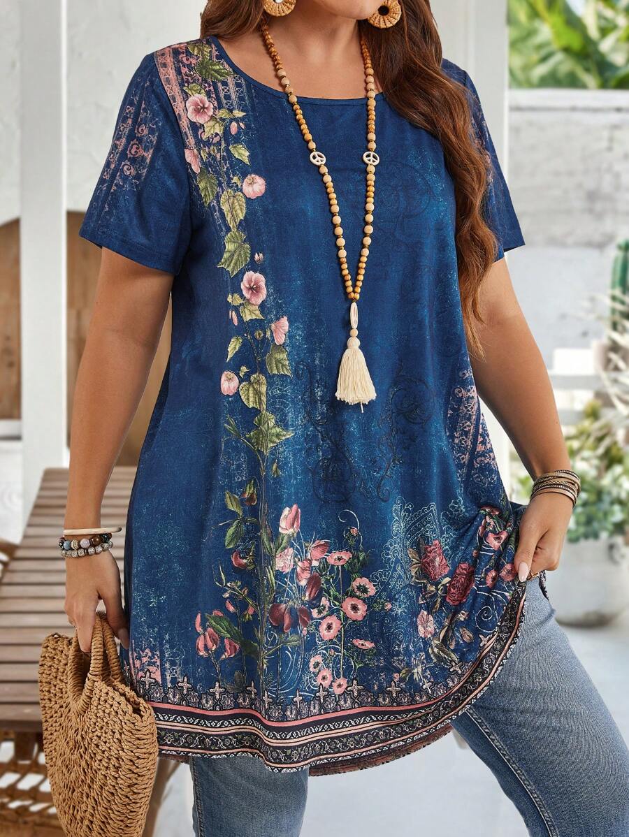 EMERY ROSE 加大码圆领短袖花卉印花休闲衬衫,适合日常穿着、夏季穿着、热带度假穿着 - 藍色 - View 1