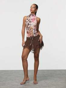 SHEIN Unity Women's Solid Color Lace Trim Ruffle Hem Mini Skirt - Coffee Brown - View 3