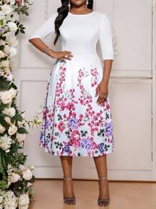 SHEIN Lady Plus Size Vrouwen Eenvoudige Bloemenprint Ronde Hals Lange Mouw Casual Jurk Winter Elegante Vier Seizoenen Herfstjurk Feestjurk voor Dames Elegante Damesjurk Kant Lange Mouw Maskeradejurk Concertjurk voor Dames Korte Jurk Valentijnsdag Nieuwjaar Feestjurk Rozenbloemjurk Paasjurk Dames Bruiloftsgastjurk Dames Vakantie Boho