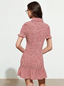 Aveloria Affinna Nuevo vestido mini ajustado de manga corta con volante en el bajo, cintura fruncida, botones delanteros y estampado de cuadros para mujer, apto para primavera/verano