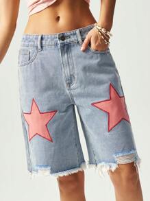Bohemela BOHO Cowgirl Outfit Star Print Raw Hem Bermuda Shorts