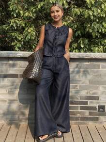 Women's Summer Bowknot Strap Top And Denim Pants 2pcs/Set, Casual Denim Outfit - Dark Wash - View 3