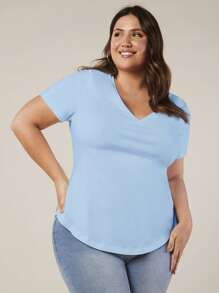 SHEIN BASICS Camiseta de manga corta con cuello en V de unicolor talla grande, simple y de moda para el verano - Azul - Ver 4