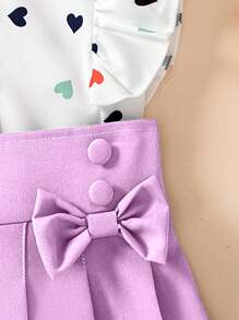 2pcs/Set Girls Elegant Heart Print Cap Sleeve Top + Bowknot Decor Pleated Skirt Outfit Set, Suitable For Summer Daily Casual, Entertainment, Travel, Vacation