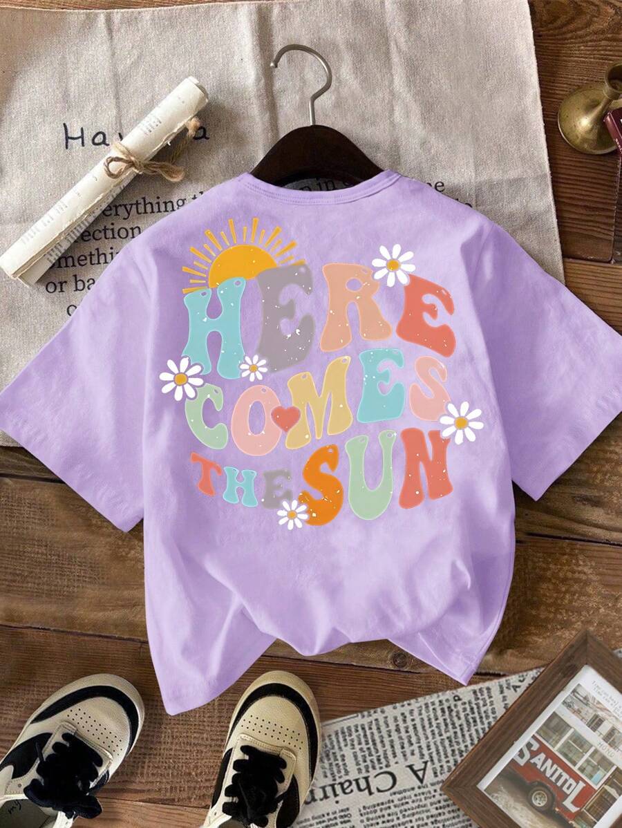 SHEIN 1pc Girls Fashion Casual Sunflower Colorful Letter Slogan Floral Print Loose Short Sleeve T-Shirt, Suitable For Summer Holiday Versatile Top