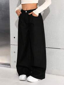 SHEIN Teen Girls Black Denim Long Jeans With Zipper Detail And Wide Leg Fit