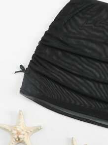 青少年女孩纯色细肩带比基尼套装，配有可拆卸衬垫上衣和芭蕾舞裙，时尚泳装，适合夏季 - 黑色 - 查看 5