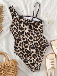 SHEIN Tween Girls' Waist Ruched Leopard Print One-Piece Swimsuit - Brown - View 2