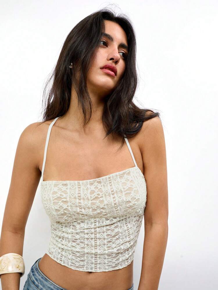 SHEIN Maija Women's Apricot Floral Lace Texture Fabric Summer Sexy Cropped Stylish Music Festival Party Comfortable Fitted Fashion Halter Neck Top