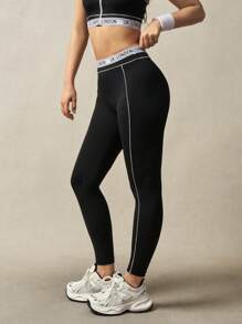 VARSIVA Women's High Waisted Letter Tape Contrast Trim Sports Leggings - Black and White - View 7