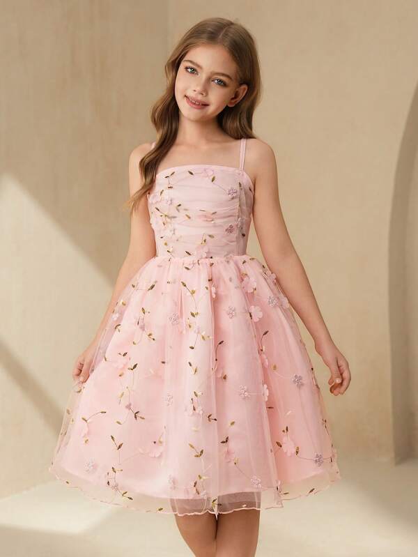 SHEIN Tween Girl Elegant Pink Spaghetti Strap Off Shoulder Mesh Dress, Suitable For Evening Party, Banquet, Performance, Birthday, Wedding Flower Girl, And Other Occasions