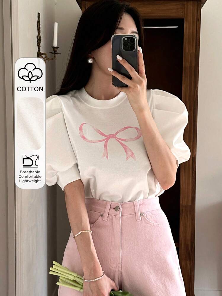 Women's Round Neck Short Sleeve Bow Print Casual Top, Everyday Wear,Graphic Tees,Back To School Clothes