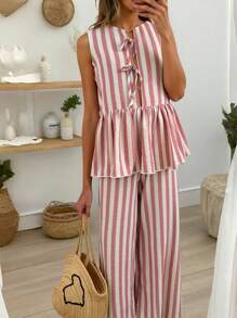 INAWLY Bộ 2 món trang phục giản dị không tay kẻ sọc ôm vừa vặn - Hồng - Xem 3