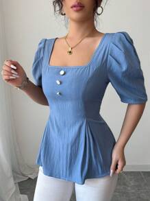 Chiquease 优雅复古泡泡袖收腰方领修身衬衫，春夏 - 藍色 - 查看 6
