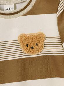 男婴彩色印花条纹可爱小熊宽松圆领短袖连体衣，新生儿针织，新生儿连体衣，夏季，3个月-2岁