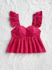 Soleia Vacation Casual Solid Color Hollow Embroidered Ruffle Hem Camisole Hot Pink - Hot Pink - View 6