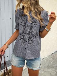 SHEIN PETITE Áo sơ mi kẻ sọc thêu hoa thường ngày cho kỳ nghỉ của phụ nữ - Đen và trắng - Xem 3