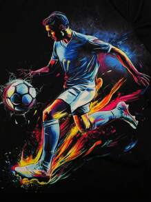 SHEIN 2pcs Tween Boy Casual Sports Colorful Graffiti Football Print Round Neck Short Sleeve T-Shirt And Shorts Set, Suitable For Commuting, Schooling, Casual Daily Wear, Sports, Spring/Summer - Black - View 7