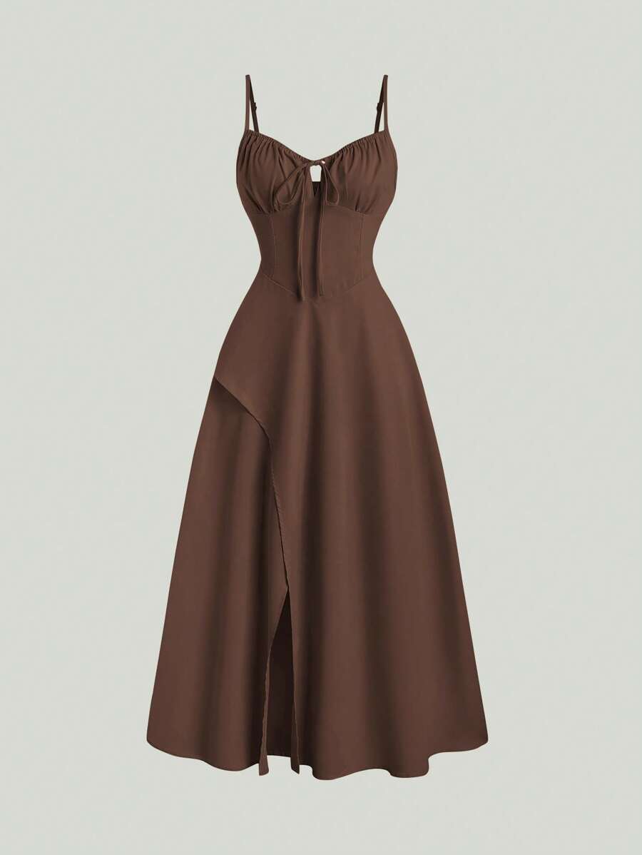 Sweetra 纯色高开叉休闲度假细肩带中长连衣裙女装 - 咖啡 - 查看 1
