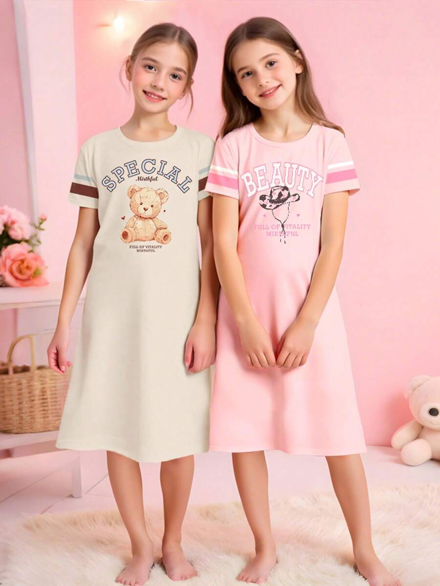 2pcs/Set Girls Sweet Minimalist Elegant Solid Pink/Apricot Base Cartoon Teddy Bear & Cowboy Short Sleeve Crew Neck Maxi Nightgown & Homewear Loungewear Set - White - View 1