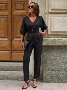 EURMUSE Women's Solid Color V-Neck Batwing Sleeve Waist Hollow Out Pleated Jumpsuit Women S Clothes Women Summer Clothing Women Summer Sets