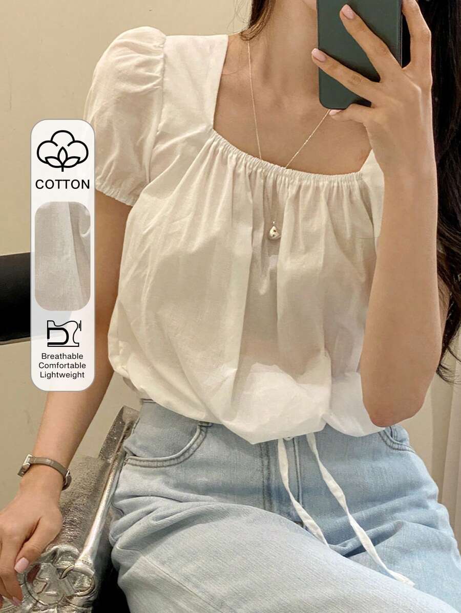 DAZY 休闲方领抽绳下摆女式衬衫夏季 - 白色 - 查看 1