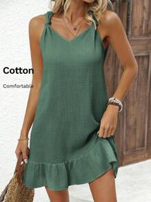 EMERY ROSE Holiday Casual Texture Shoulder Strap Twist Plain Peplum Hem Dress