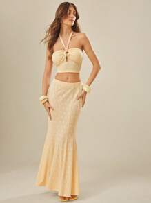 L'Amorae Elegant Vacation Eyelet Mermaid Maxi Skirt - Yellow - View 5
