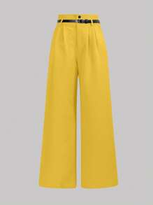 SHEIN Clasi Women's Plain Pleated Wide Leg High Waist Loose Pants With Belt - Yellow - View 1