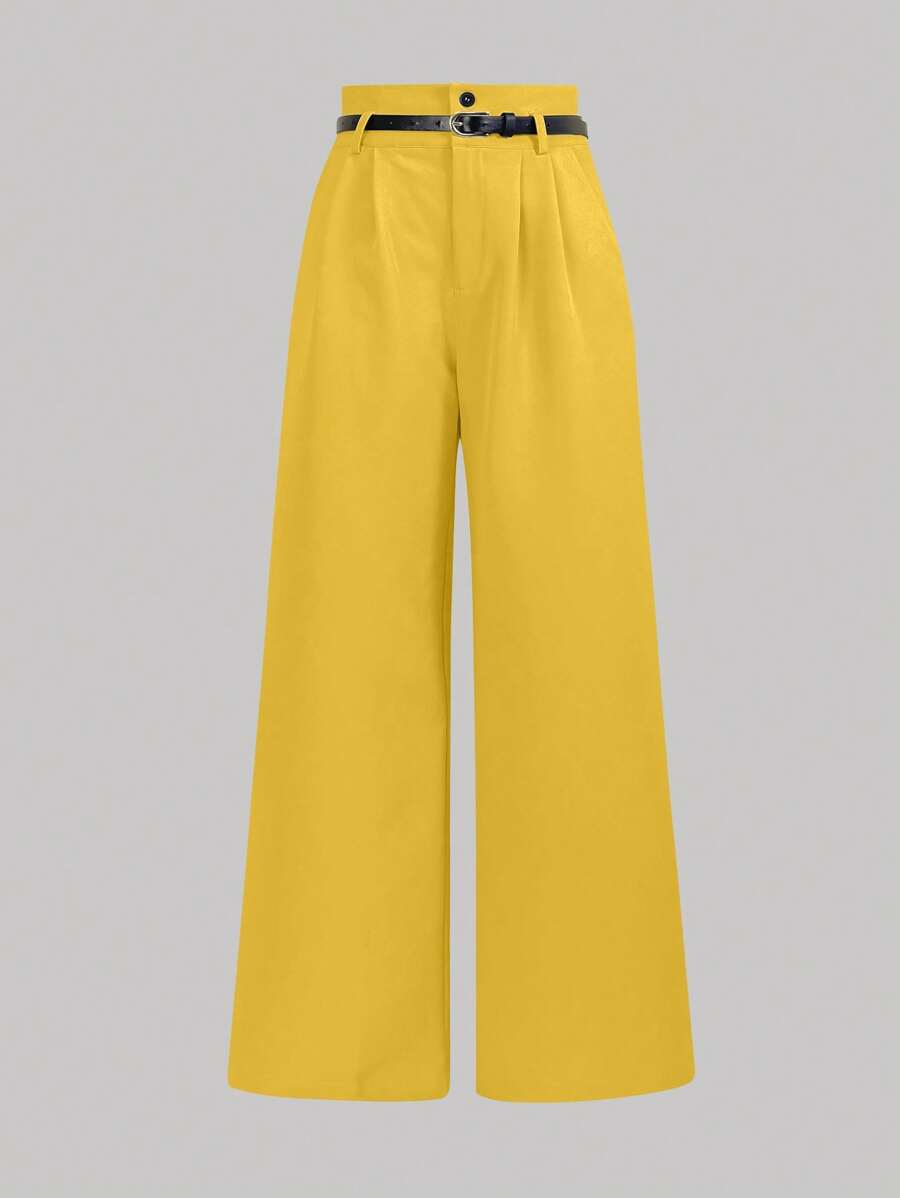 SHEIN Clasi Women's Plain Pleated Wide Leg High Waist Loose Pants With Belt - Yellow - View 1