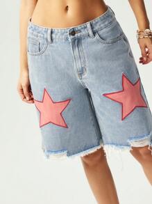 Bohemela BOHO Cowgirl Outfit Star Print Raw Hem Bermuda Shorts