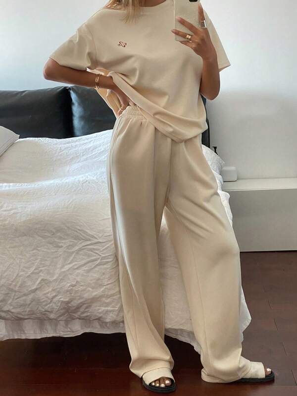 Livesso 2pcs Women's Solid Color Short Sleeve Top And Long Pants Set, Simple Casual Everyday Wear