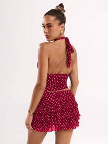 SHEIN BAE Sexig pricktryck för kvinnor med ryggfri grimstopp, sommar - Bourgogne - Visa 2