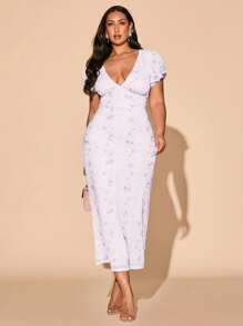 SHEIN BAE فستان نسائي أنيق بطبعة زهور كبيرة على شبكة، طويل الطول، ضيق التفصيل، أكمام مناسبة، مناسب للارتداء اليومي، للخروج، المواعيد، الغداء، العطلات، موسم الربيع/الصيف، عودة إلى المدرسة، فساتين عيد ميلاد للنساء