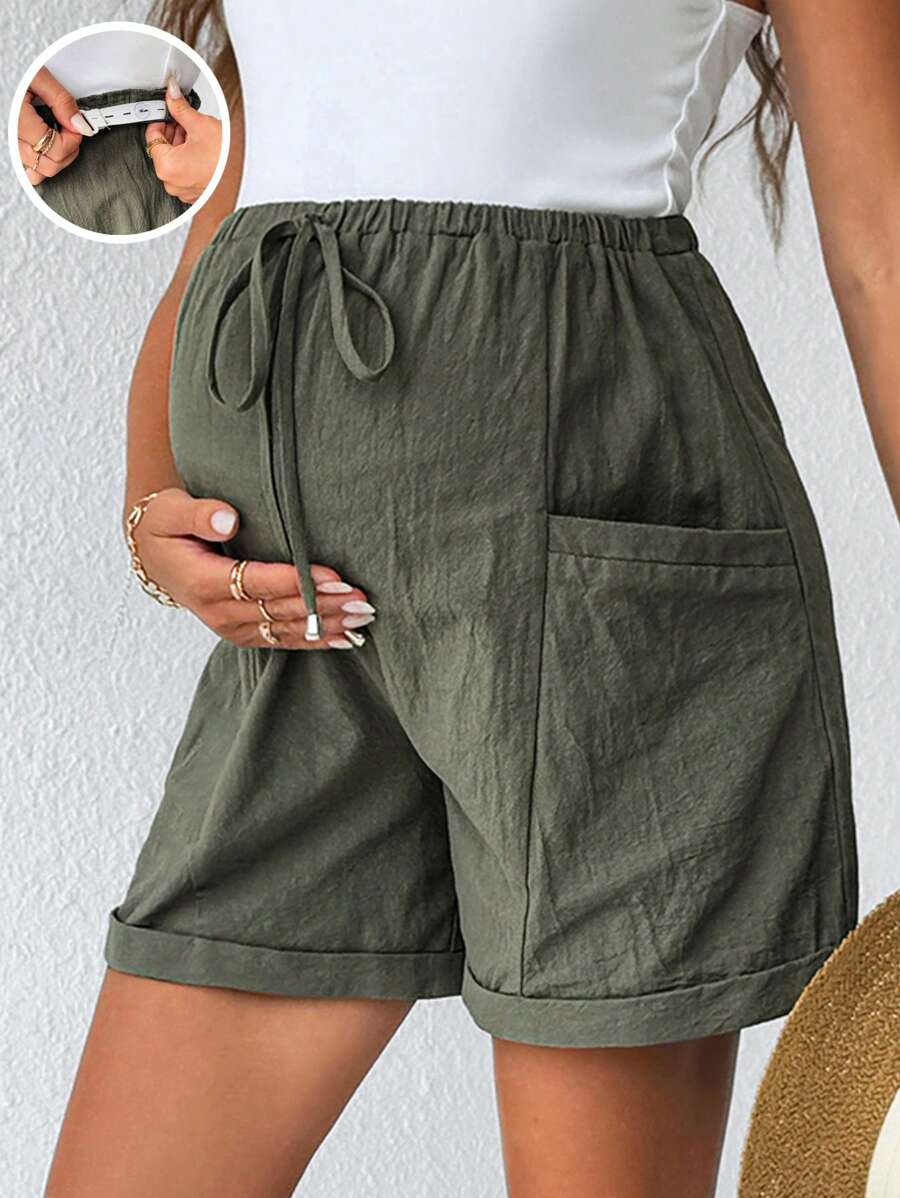 SHEIN Pregnant Women's Summer Casual Or Vacation Green Shorts With Pockets On Both Sides, Adjustable Elastic Waistband, - Army Green - View 1