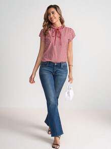 Ellevyn Women's Short Sleeve Bowknot Ruffle Plaid Checkered Elegant Casual Vacation Picnic Shirt, Spring/Summer - Red and White - View 2
