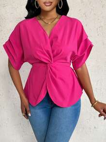 Eryvara 不对称交叉 V 领宽松女式衬衫 - 玫紅色 - 查看 4