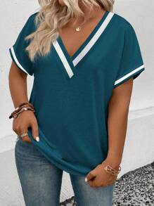 SHEIN LUNE CURVE Maglietta a maniche corte con scollo a V, stampa a contrasto di colore, taglia comoda, estiva