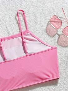 SHEIN Conjunto de traje de baño de color rosa sólido, con diseño sencillo y dulce para niña adolescente - Rosa - Ver 3