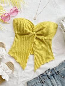 Soleia Women's Asymmetrical Hem Knit Textured Twist Front Cropped Cami Top For Vacation - Mustard Yellow - View 4