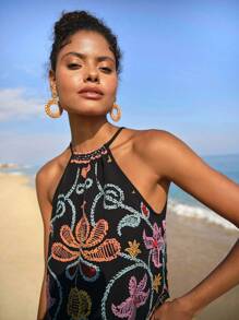 Travachic 女士复古印花吊带背心，夏季，沙滩装，复活节，海滩，春假，度假，音乐会，波西米亚风，音乐节，热带假期 - 黑色 - 查看 7