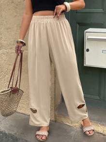 EMERY ROSE Plus Size Women's Spring & Summer Casual Countryside Style Floral Twist Design Fashion Versatile Khaki Color Long Pants - Apricot - View 8