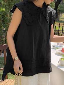 FRIFUL Áo kiểu nữ màu đen dáng rộng không tay, cổ Peter Pan thêu họa tiết, phong cách nghỉ dưỡng, thích hợp mặc đi nghỉ mát mùa hè. - màu đen - Xem 9