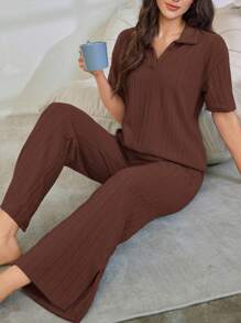 Lazeform Conjunto de pijama informal para mujer con top de cuello vuelto acanalado y pantalones