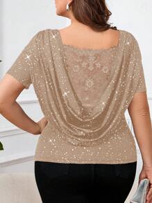 SHEIN Clasi Plus Size Women Elegant Contrast Lace Short Sleeve Open Back T-Shirt Imitation Sequins - Khaki - View 3