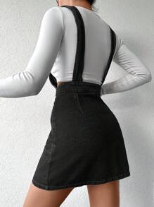 EURMUSE Women's Casual Faded Front Button Denim Pinafore Dress - Dark Grey - View 2