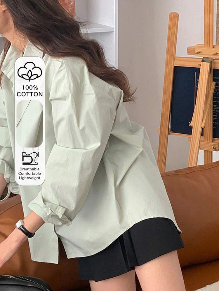 Women's Solid Color Loose Turndown Collar Backside Slit Long Sleeve Shirt, Mint Green, Spring/Summer,Fall Clothes Preppy Tops